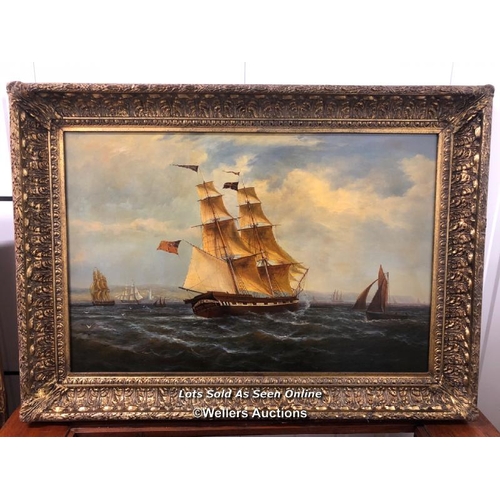 92 - Oil on canvas of a fleet of ships, in ornate gilt wood frame, unsigned, 80cm h x 110cm w / container... 