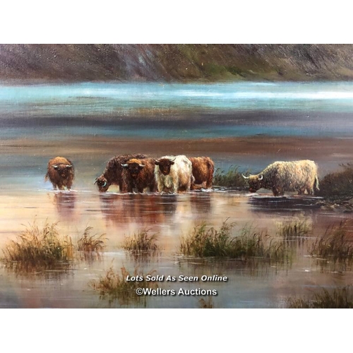 93 - Oil on canvas of a herd of cattle on a lake, in gilt wood frame, unsigned, 100cm h x 127cm w / conta... 