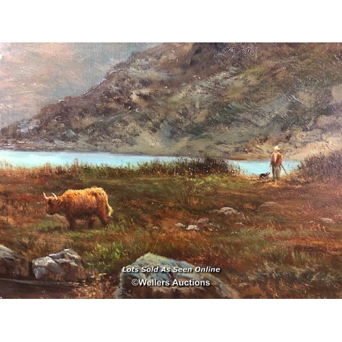 93 - Oil on canvas of a herd of cattle on a lake, in gilt wood frame, unsigned, 100cm h x 127cm w / conta... 