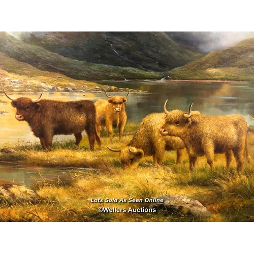 94 - Oil on canvas of a herd of cattle on a lake, unsigned, 100cm h x 127cm w / container no: s210 / tita... 