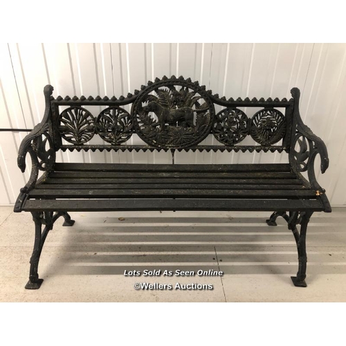 97 - Metal garden bench with rear hunting hound motif, 78cm h x 130cm w x 49cm d / container no: s210 / t... 