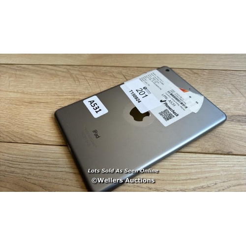 201 - APPLE IPAD MINI 2 / A1489 / SPACE GREY / 32GB / SERIAL NO. DLXN33NQFCM6 / I-CLOUD LOCKED / MINOR SCR... 