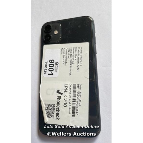 9001 - APPLE IPHONE 11 / A2221 / BLACK / 64GB / SERIAL. NO. C6KZP51SN735 / I-CLOUD LOCKED