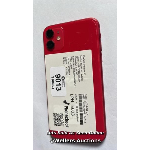 9013 - APPLE IPHONE 11 / A2221 / (PRODUCT) RED / 64GB / SERIAL. NO. C6KZ97N7N73G / I-CLOUD LOCKED