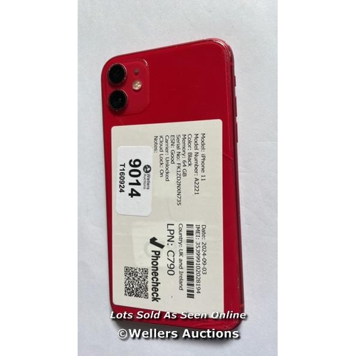 9014 - APPLE IPHONE 11 / A2221 / (PRODUCT) RED / 64GB / SERIAL. NO. FK1ZD2NXN735 / I-CLOUD LOCKED / MINOR D... 