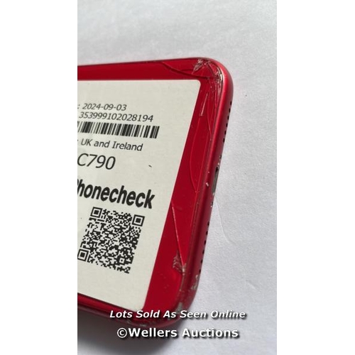 9014 - APPLE IPHONE 11 / A2221 / (PRODUCT) RED / 64GB / SERIAL. NO. FK1ZD2NXN735 / I-CLOUD LOCKED / MINOR D... 