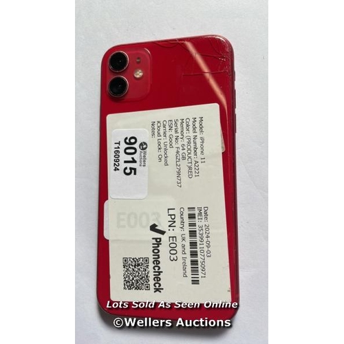 9015 - APPLE IPHONE 11 / A2221 / (PRODUCT) RED / 64GB / SERIAL. NO. F4GZL279N737 / I-CLOUD LOCKED / DAMAGED... 