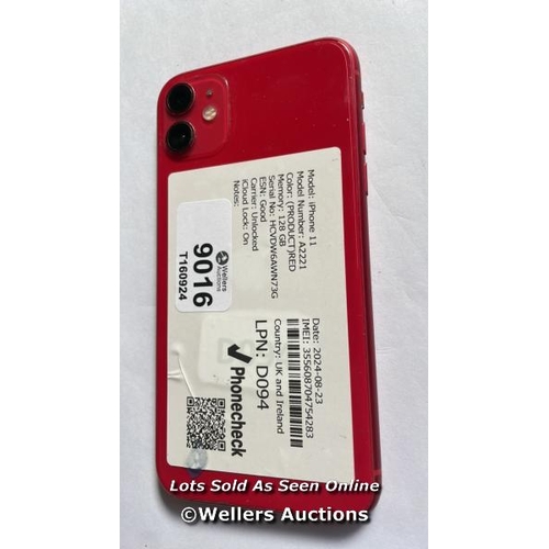 9016 - APPLE IPHONE 11 / A2221 / (PRODUCT) RED / 128GB / SERIAL. NO. HCVDW6AWN73G / I-CLOUD LOCKED