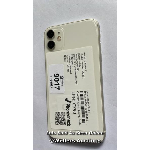 9017 - APPLE IPHONE 11 / A2221 / WHITE / 64GB / SERIAL. NO. DNPZW645N736 / I-CLOUD LOCKED