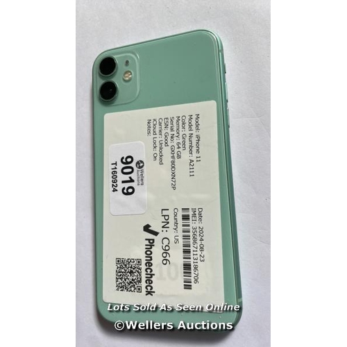 9019 - APPLE IPHONE 11 / A2221 / GREEN / 64GB / SERIAL. NO. GXHF80DXN72P / I-CLOUD LOCKED