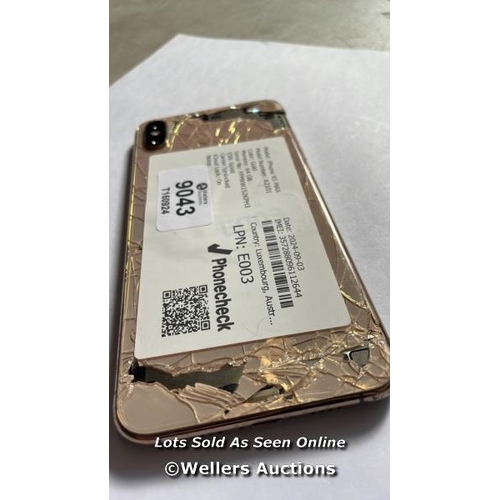 9043 - APPLE IPHONE XS MAX / A2101 / GOLD / 64GB / SERIAL. NO. FFMXW152KPH3 / I-CLOUD LOCKED / SMASHED REAR