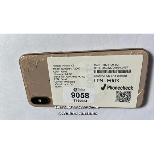 9058 - APPLE IPHONE XS / A2097 / GOLD / 64GB / SERIAL. NO. G0NXF617KPG3 / I-CLOUD LOCKED / DAMAGED SCREEN &... 