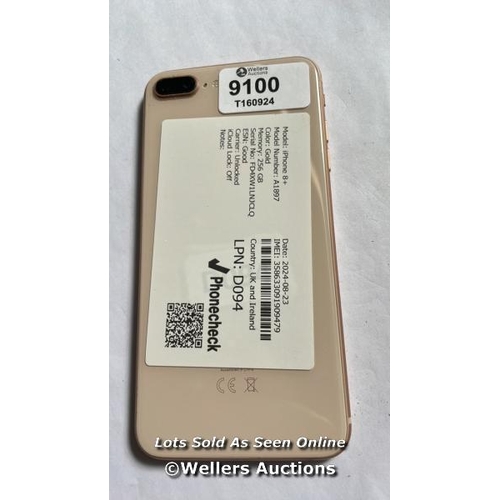 9100 - APPLE IPHONE 8+ / A1897 / GOLD / 256GB / SERIAL. NO. FD4XW1LNJCLQ / I-CLOUD UNLOCKED / FRONT DAMAGE