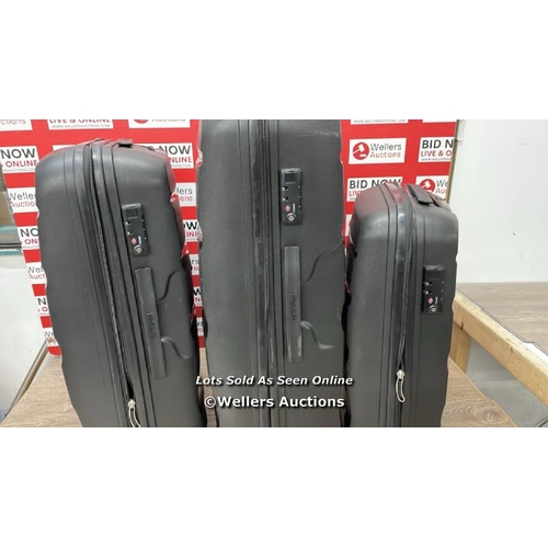 66 - AMERICAN TOURISTER BON AIR 3 PC. BLACK SUIT CASE SET / SIGNS OF USE / COMBINATION UNLOCKED / SMALL C... 