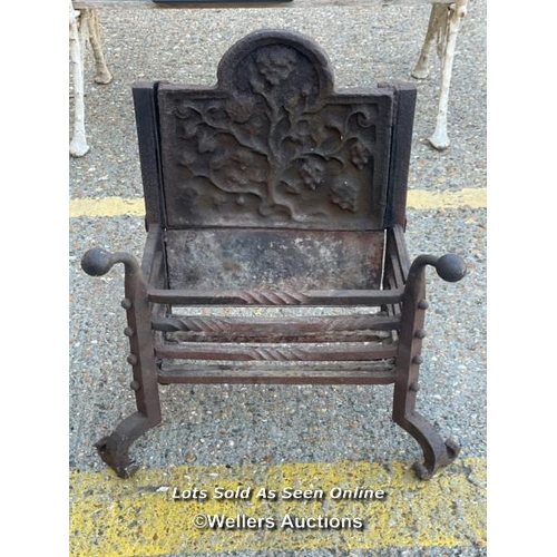 22 - Ornate cast iron fire grate with floralette back, 71cm h x 65cm w x 40cm d / Container no: BM000524