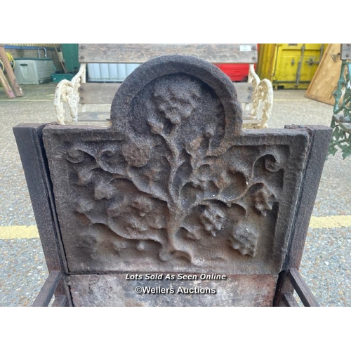 22 - Ornate cast iron fire grate with floralette back, 71cm h x 65cm w x 40cm d / Container no: BM000524