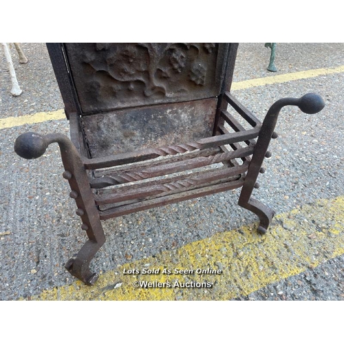 22 - Ornate cast iron fire grate with floralette back, 71cm h x 65cm w x 40cm d / Container no: BM000524