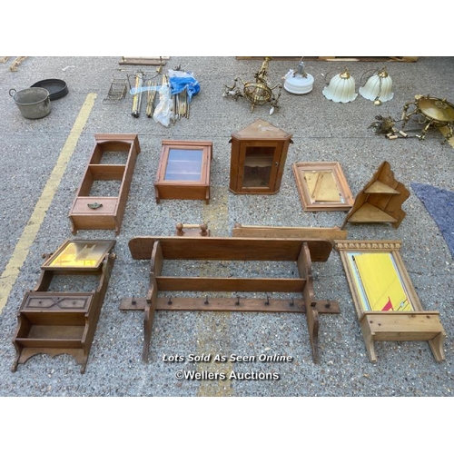 28 - Ten pieces of pine farmhouse furniture including a mirror, corner shelf etc / Container no: BM000526