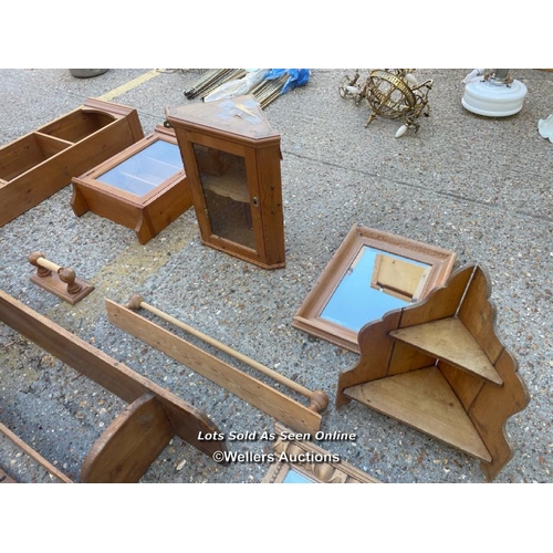 28 - Ten pieces of pine farmhouse furniture including a mirror, corner shelf etc / Container no: BM000526