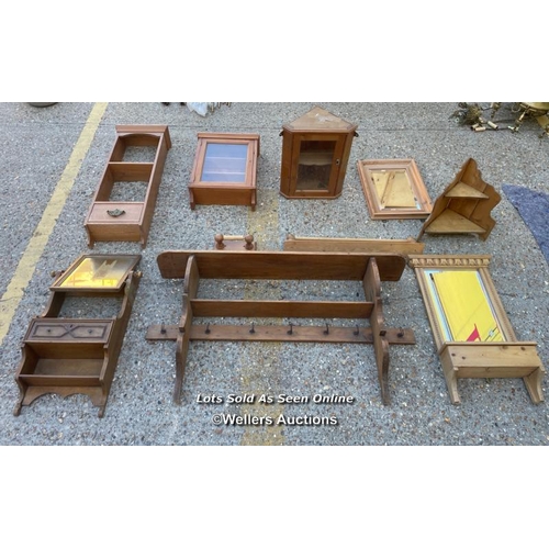 28 - Ten pieces of pine farmhouse furniture including a mirror, corner shelf etc / Container no: BM000526