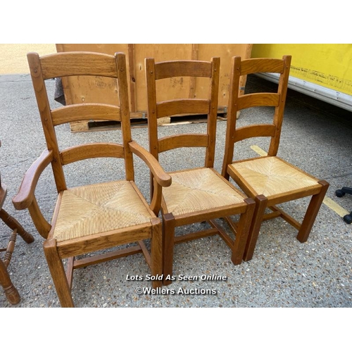 36 - Two oak dining chairs with matching carver, carver 110cm h x 40cm w x 44cm d  / Container no: BM0008... 