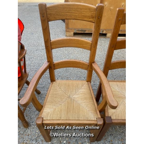 36 - Two oak dining chairs with matching carver, carver 110cm h x 40cm w x 44cm d  / Container no: BM0008... 