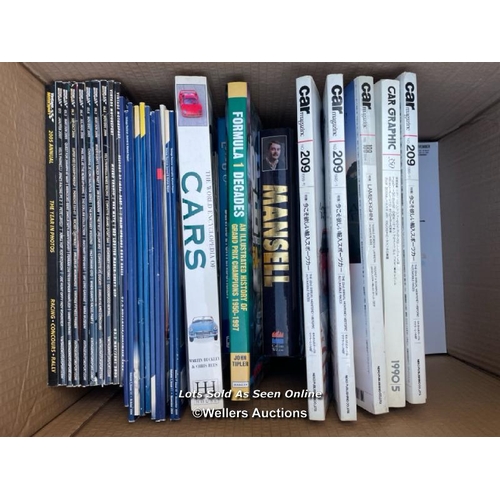 43 - Box of assorted car related books and vintage magazines with an Audi car trophy sytle ornament / Con... 