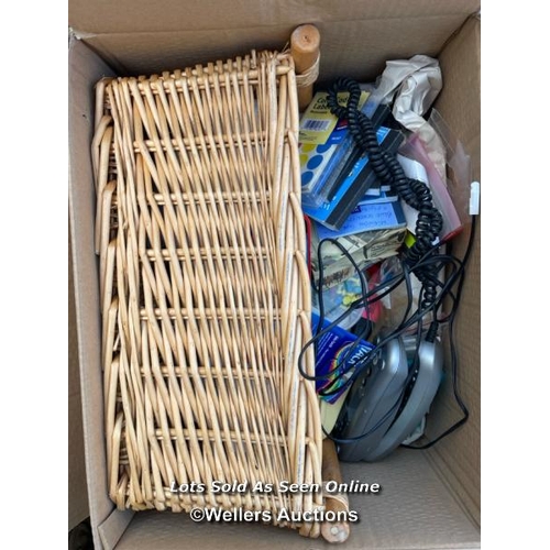 44 - Three boxes of office related items including ornaments, stationary and more / Container no: BM00082... 