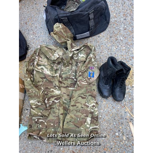 47 - Bag of second hand Brighton College Combined Cadet Force uniform and Grafters boots uk 7 / Container... 