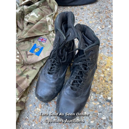 47 - Bag of second hand Brighton College Combined Cadet Force uniform and Grafters boots uk 7 / Container... 