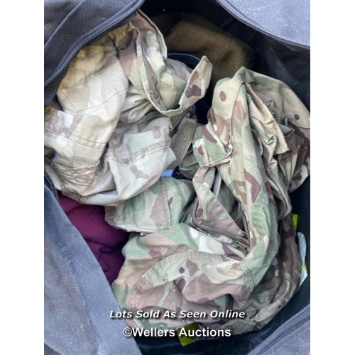 47 - Bag of second hand Brighton College Combined Cadet Force uniform and Grafters boots uk 7 / Container... 