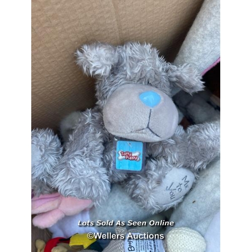 49 - Box soft toys including bugs bunny and a tatty puppy, some new, some pre-owned / Container no: BM000... 