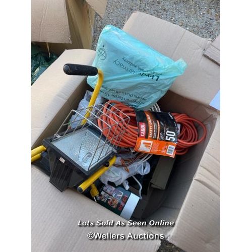 58 - Box of garage related inc. light, cables, brand new car light, black and decker mouse sander etc / C... 