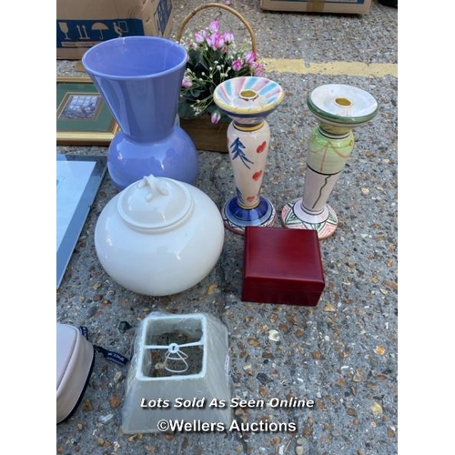 68 - Assorted decorative items including porcelain candle stick holders, prints, faux flowers etc / Conta... 