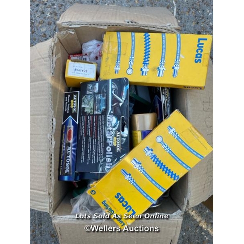 71 - Box of garage related including metal polish, motor oil, brake fluid etc / Container no: BM000845