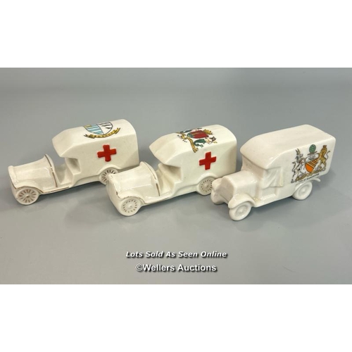 45 - Three crested china military ambulance models including Bognor, Whitley Bay and City of Manchester (... 