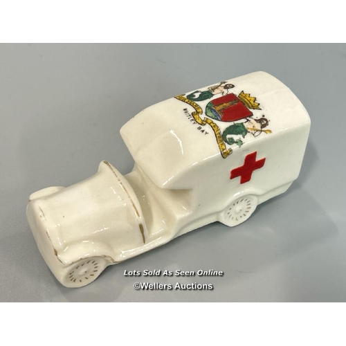 45 - Three crested china military ambulance models including Bognor, Whitley Bay and City of Manchester (... 