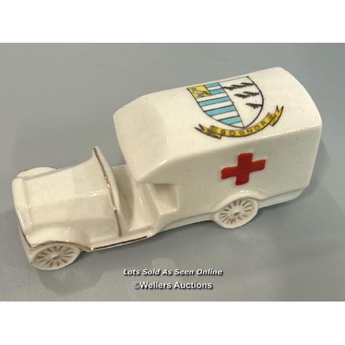 45 - Three crested china military ambulance models including Bognor, Whitley Bay and City of Manchester (... 