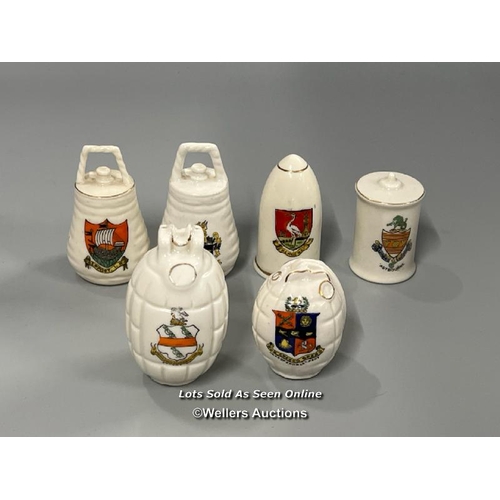 46 - Military crested china including two Zeppelin fire bombs, gredates, artillery shell and canister bom... 