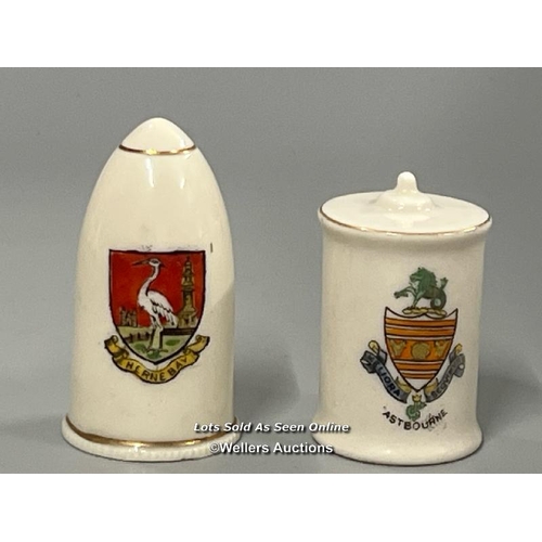 46 - Military crested china including two Zeppelin fire bombs, gredates, artillery shell and canister bom... 