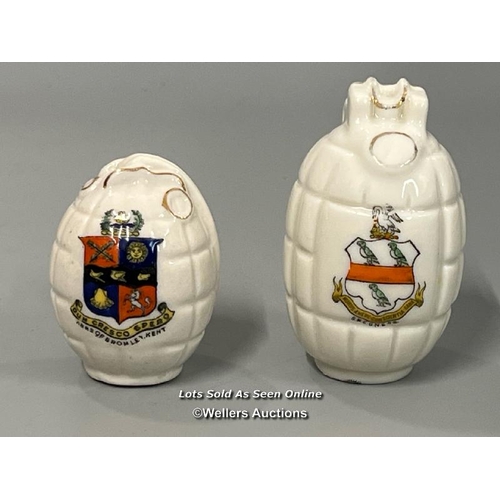 46 - Military crested china including two Zeppelin fire bombs, gredates, artillery shell and canister bom... 