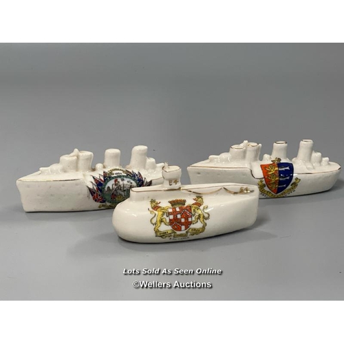 47 - Three crested china models including a E-4 submarine, Torpedo boat destroyer and Wembley China Briti... 