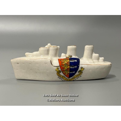 47 - Three crested china models including a E-4 submarine, Torpedo boat destroyer and Wembley China Briti... 