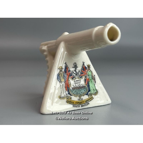 50 - Military crested china including South Shields 1850 machine gun, Eastbourne field gun, Stratford on ... 