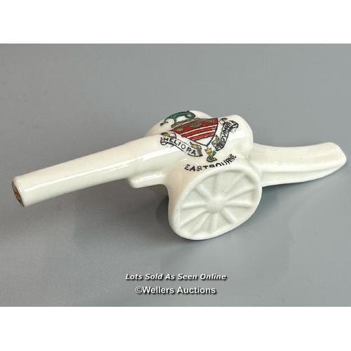 50 - Military crested china including South Shields 1850 machine gun, Eastbourne field gun, Stratford on ... 