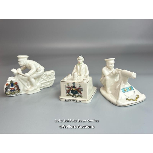 54 - Crested china figurines including Forfar radio operator,   Kenilworth machine gunner and Oxford disp... 