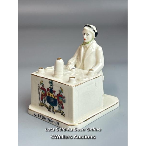 54 - Crested china figurines including Forfar radio operator,   Kenilworth machine gunner and Oxford disp... 