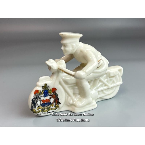 54 - Crested china figurines including Forfar radio operator,   Kenilworth machine gunner and Oxford disp... 