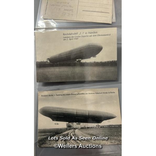 57 - Album of WW1 related postcards, cigarette cards and stereo viewer cards all relating to zeppelins an... 