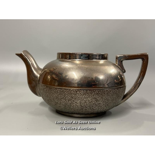 62 - A part unusual pottery tea & coffee service with metallic coating. The interior of the sugar bowl te... 